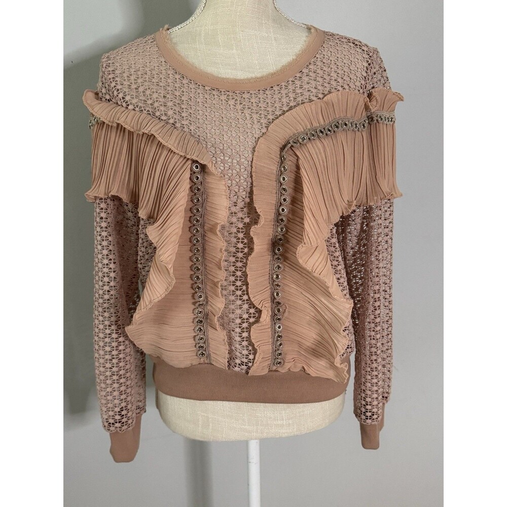 ALLISON New York Sweater Pleated Ruffle Open Crochet Studded Knit Women's Size S